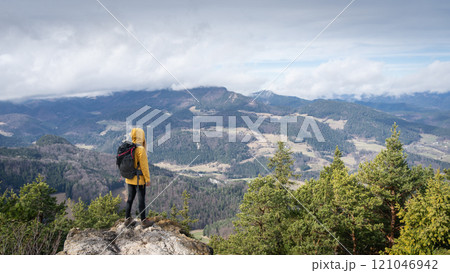 Female hiker on the top of the mountain enjoying the view on landscape down below, Austrian Alps 121046942