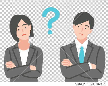 Young men and women in suits with doubts 121046983