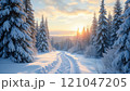 Snowy road winding through a picturesque winter wonderland at dawn 121047205
