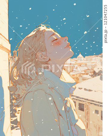 雪の降る空を見上げる女性 121047255