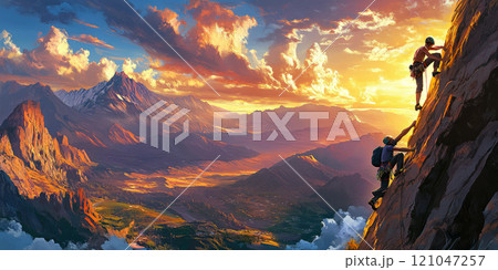 Group of climbers working together to scale a steep cliff, with one person assisting another as they ascend. The scene is set against a breathtaking backdrop of vast mountains, rolling hills, and a Group of climbers working together to scale a steep cliff, with one person assisting another as they ascend. The scene is set against a breathtaking backdrop of vast mountains, rolling hills, and a 121047257