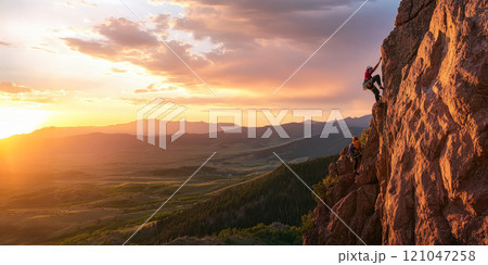 Group of climbers working together to scale a steep cliff, with one person assisting another as they ascend. The scene is set against a breathtaking backdrop of vast mountains, rolling hills, and a 121047258