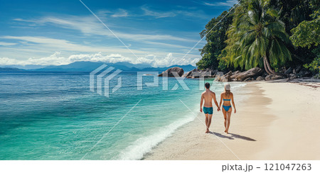 A tourist couple walks hand in hand along a beautiful beach on their honeymoon. 121047263