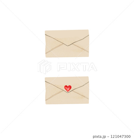 Vintage paper envelope for valentine with a heart made of sealing wax. Mail. Message with a declaration of love. Isolated watercolor illustration. Clipart. 121047300