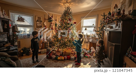 Children are joyfully decorating a Christmas tree together inside a cozy home, preparing for the upcoming holiday season Children are joyfully decorating a Christmas tree together inside a cozy home, preparing for the upcoming holiday season 121047345