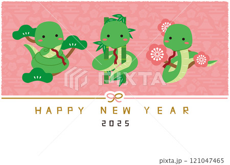 2025年賀状　Happy new year 水引き　横　背景ピンク　蛇松竹梅 121047465