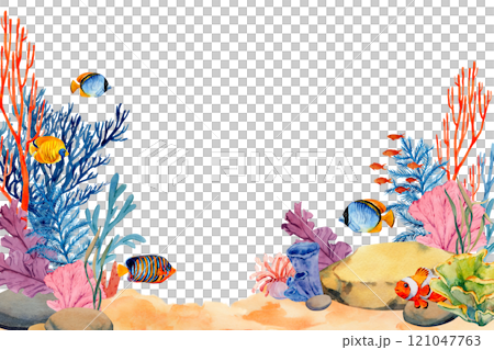 Coral reefs with tropical fish, rocks and algae. Underwater landscape. Bright watercolor illustration. The plot for the design of banners, souvenirs, postcards, posters, design and printing Coral reefs with tropical fish, rocks and algae. Underwater landscape. Bright watercolor illustration. The plot for the design of banners, souvenirs, postcards, posters, design and printing 121047763