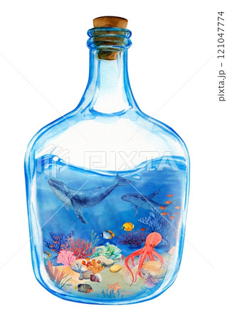 Underwater world in a glass bottle. Watercolor illustration of a reef in a transparent jar. Composition of bright fishes, corals, whales. Clipart for summer design. Underwater world in a glass bottle. Watercolor illustration of a reef in a transparent jar. Composition of bright fishes, corals, whales. Clipart for summer design. 121047774