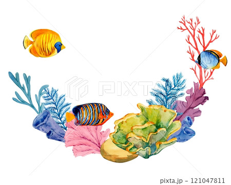 Coral reefs with tropical fish, rocks and algae. Underwater landscape. Bright watercolor illustration. The plot for the design of banners, souvenirs, postcards, posters, design and printing 121047811