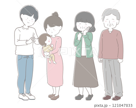 赤ちゃんを抱っこする若い家族と老夫婦（茶色系の線画） 121047833