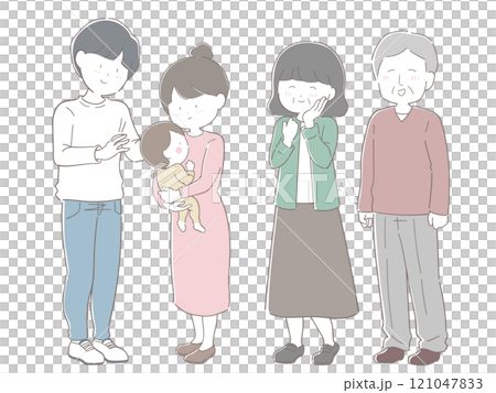 一個年輕的家庭和一對抱著嬰兒的老年夫婦（棕色線條畫） 121047833