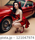 メタリックレッドのマスタングとセクシーな黒髪美女　赤いラメ 121047974