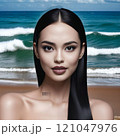 バーコード付きの黒髪美女と海 121047976