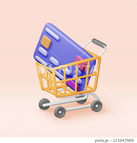 3D orange shopping cart with bank card 3D orange shopping cart with bank card 121047989