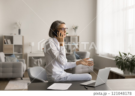 Busy mature entrepreneur woman discussing business project on mobile phone Busy mature entrepreneur woman discussing business project on mobile phone 121048178