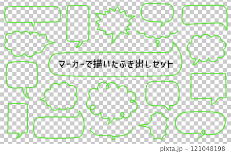 蛍光マーカーで描いたラフなふき出し。手描きのふきだしセット。マーカーで描いたあしらいセット。 121048198