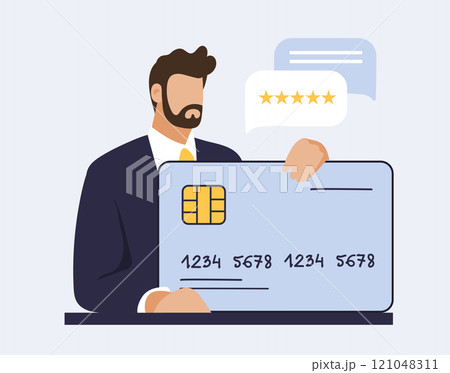Businessman with payment credit card, online payments, internet banking, business on the internet. Flat vector hand drawn illustration isolated. Businessman with payment credit card, online payments, internet banking, business on the internet. Flat vector hand drawn illustration isolated. 121048311