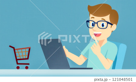 young man shopping online using laptop, happy buyer exploring ecommerce options, digital cart icon, modern technology for internet purchases, clean blue design 121048501