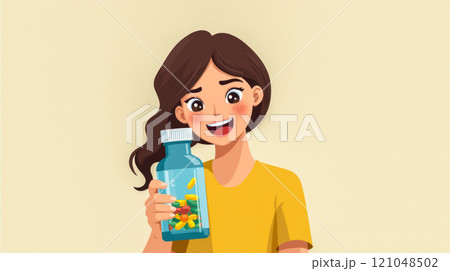 Woman smiling happily holding bottle vitamins dietary supplements healthy lifestyle, wellness. joyful young female colorful pills yellow shirt good mood nutrition promoting health 121048502