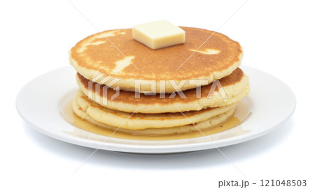 Stack fluffy pancakes topped with butter and syrup on white plate, isolated on white background, breakfast or brunch, appetizing and delicious meal, close-up 121048503