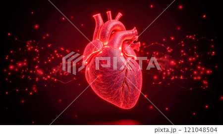 Glowing human heart image with detailed veins and arteries on dark background, surrounded by floating particles, cardiovascular health, medical research, anatomy, biological science 121048504