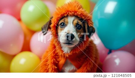 Cute dog in orange costume with black ears sitting among colorful balloons, perfect for festive party, fun event, playful and joyful moments with pets and decoration 121048505