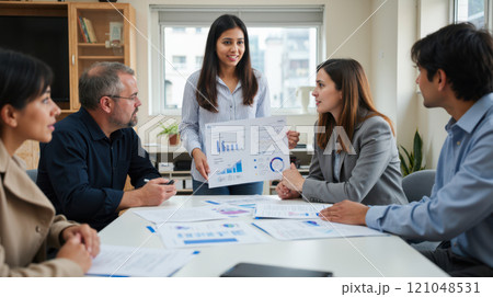 Team meeting in office with group discussing business charts, professional presentation, diverse colleagues collaborating, brainstorming ideas, teamwork success, corporate analysis, workplace planning 121048531