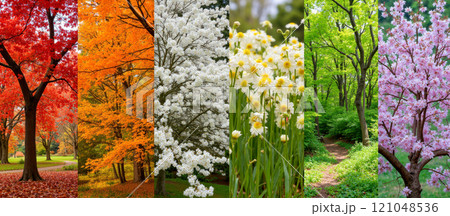 Seasonal collage featuring vibrant autumn leaves, golden fall foliage, white spring flowers, lush green summer forest, delicate pink cherry blossoms, nature changing colors throughout season Seasonal collage featuring vibrant autumn leaves, golden fall foliage, white spring flowers, lush green summer forest, delicate pink cherry blossoms, nature changing colors throughout season 121048536