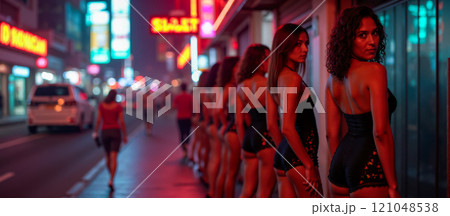 Group of elegant escort women standing on neon-lit city street at night, dressed in black outfits, vibrant nightlife scene, confident expressions, modern urban lifestyle, nightlife Group of elegant escort women standing on neon-lit city street at night, dressed in black outfits, vibrant nightlife scene, confident expressions, modern urban lifestyle, nightlife 121048538