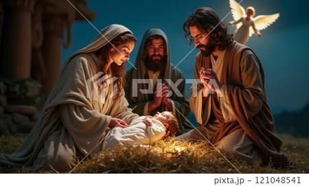Christmas nativity scene with baby Jesus, Mary, Joseph, glowing light, angel in background, straw bed, holy family praying, peaceful night atmosphere, spiritual moment, traditional holiday Christmas nativity scene with baby Jesus, Mary, Joseph, glowing light, angel in background, straw bed, holy family praying, peaceful night atmosphere, spiritual moment, traditional holiday 121048541