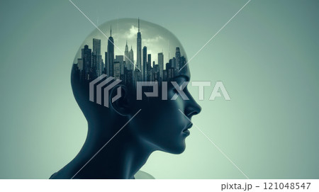 Human silhouette with urban landscape in head, urban mind concept, city thoughts, modern urbanization, mental skyline, imaginative urban brain, futuristic cityscape, cityscape mind 121048547
