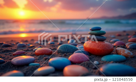 Sunset beach scene with colorful stones, ocean waves, vibrant sky, smooth pebbles on sandy shore, stacked rocks, serene atmosphere, perfect for relaxation and tranquility themes 121048550