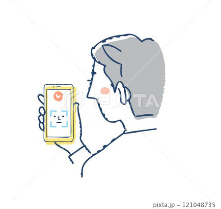 Face ID・スマートフォンで顔認証をする男性 121048735