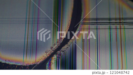 Pixel damage. Mesh screen. Distorted digital channel signal of cracked grain TV display. Color glitch line errors destroyed matrix overlay. Pixel damage. Mesh screen. Distorted digital channel signal of cracked grain TV display. Color glitch line errors destroyed matrix overlay. 121048742