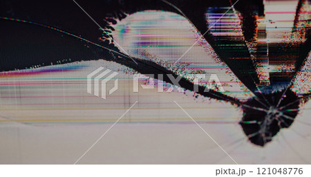 Screen failure. Distorted analog. Modern damaged monitor texture with digital noise of rainbow blur broken pixels glitch. Black partial filling overlay. Screen failure. Distorted analog. Modern damaged monitor texture with digital noise of rainbow blur broken pixels glitch. Black partial filling overlay. 121048776