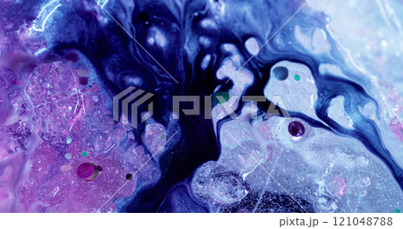 Paint flood. Stream ice. Dark violet contrasting pouring fluid between light frozen colored shores with confetti glitter. Wavy dye defocused substance spreading. Paint flood. Stream ice. Dark violet contrasting pouring fluid between light frozen colored shores with confetti glitter. Wavy dye defocused substance spreading. 121048788