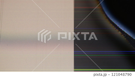 Flicker display. Monitor error. Dead half of demo hardware glitch plasma TV damaged color defocused pixels. Mesh grunge television texture with black area. 121048790