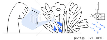 Hand holds watering can to nurture flowers, with abstract blockchain elements. Ideal for growth, investment, blockchain, technology, nature. Simple line art style, minimal colours 121048919