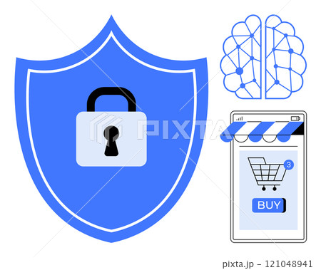 Large blue shield with lock, neural network and smartphone with shopping app. Ideal for Cybersecurity, E-commerce, AI technology, Data protection, Online shopping security. Simple vector style 121048941