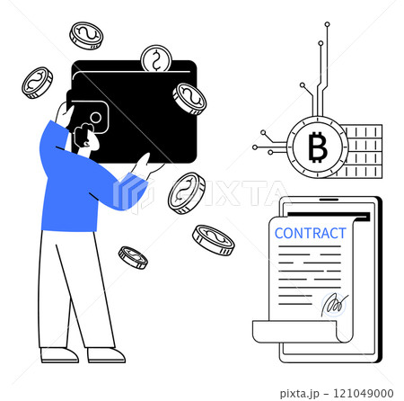 A person holds a digital wallet with coins around it. Nearby are a blockchain symbol and a signed contract on a tablet. Ideal for cryptocurrency, blockchain technology, digital currency, financial A person holds a digital wallet with coins around it. Nearby are a blockchain symbol and a signed contract on a tablet. Ideal for cryptocurrency, blockchain technology, digital currency, financial 121049000