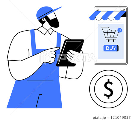 A person in blue overalls holding a tablet, pointing at a smartphone displaying a shopping cart and buy button. Also a dollar sign icon. Ideal for online shopping, e-commerce management, digital 121049037