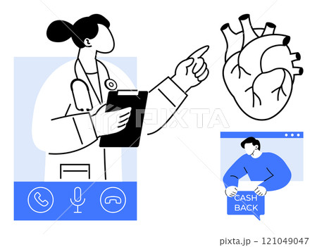 A doctor with a clipboard points towards a heart diagram, accompanied by icons for communication. A person holding a cash back sign is also seen. Ideal for healthcare, medical services, financial 121049047