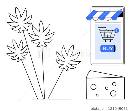 Cannabis plant, cheese slice, and a smartphone screen displaying a shopping cart and buy button. Ideal for online shopping, organic products, cannabis, dairy, and e-commerce themes. Minimalist line 121049081