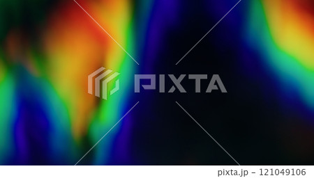 Soft blur effect. Colorful glow flecks. Defocused yellow green flickers lens flare radiance holographic glare on abstract art light background. 121049106