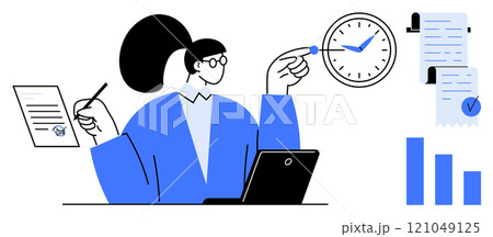 A professional wearing glasses works at a desk with a laptop, pointing at a clock. Documents, charts, and a checklist are also visible. Ideal for productivity, time management, office work 121049125