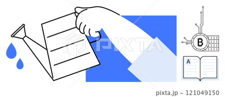 A hand waters a plant with blue drops. An open book with an A and a Bitcoin symbol connected to a circuit. Ideal for education, cryptocurrency, investment, learning growth, and technology themes 121049150
