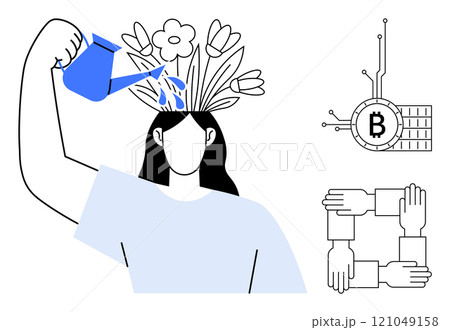 Person watering flowers growing from head symbolizes nurturing ideas. Includes blockchain symbol and hands creating square. Ideal for creativity, mindset, innovation, teamwork, technology. Simple Person watering flowers growing from head symbolizes nurturing ideas. Includes blockchain symbol and hands creating square. Ideal for creativity, mindset, innovation, teamwork, technology. Simple 121049158