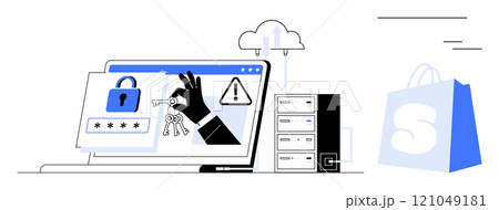 Laptop screen shows password entry and key theft, with a warning sign and cloud icon. Ideal for digital security, data protection, e-commerce, cybercrime awareness, cloud computing. Colourful line Laptop screen shows password entry and key theft, with a warning sign and cloud icon. Ideal for digital security, data protection, e-commerce, cybercrime awareness, cloud computing. Colourful line 121049181