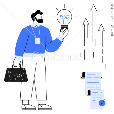 Man with beard in blue sweater holding light bulb, signifying innovation and ideas. Holding briefcase, indicating professionalism. Documents with checkmarks and arrows pointing upward, symbolizing 121049196
