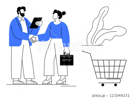Handshake between two professionals with tablet and briefcase, accompanied by a plant and a shopping cart. Ideal for business, partnerships, agreements, online shopping, e-commerce. Simple modern 121049231